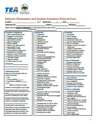 Thumbnail for Behavior Observation Student Assistance Referral Form